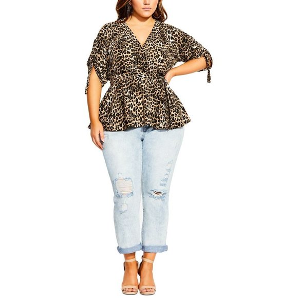 City Chic Tops - City Chic Women Leopard-Print Faux-Wrap Top Blouse